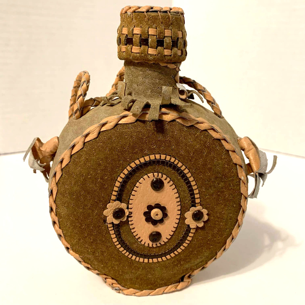 Folk Art Suede and Leather Covered Canteen/Decanter/Flask